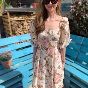 Brown Pink Puff Sleeve Dress image 2