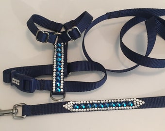 Cobalt Blue Crystal Ice Dog Harness, collar and leash, crystal dog harness, Crystal Cat Collar, crystal dog collar, Yorkie harness, maltese