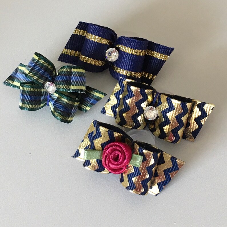 Small Dog Hair Bows Blue and Gold Dog Bows Hair Bows for Etsy