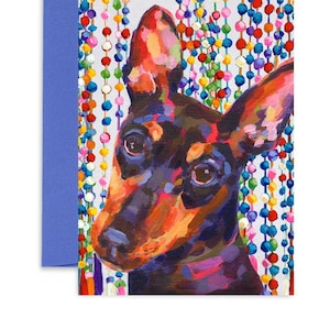 Min Pin Card, Party Pup, Pom Pom Garland, Birthday Card, Fiesta, Greeting Card, Cards, Birthday Gift, Animal Card, Animal Gift, Pet Portrait