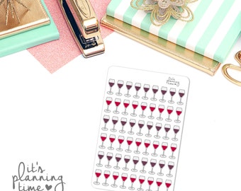 May include: A sheet of 49 wine glass stickers. The stickers are white with a black outline and a red wine fill. The stickers are arranged in 7 rows of 7 stickers. The sheet is on a white background. It's Planning Time is written in grey at the bottom left of the sheet.