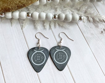 Matte Black and White Taurus Zodiac Earrings, Sterling Silver .925 Guitar Pick Earrings