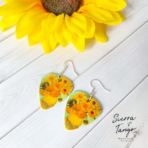 Vincent Van Gogh Sunflowers Painting Sterling Silver .925 Guitar Pick Earrings