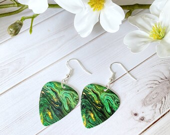 Emerald Green Marble Design Inspired Earrings, Sterling Silver .925 Guitar Pick Earrings