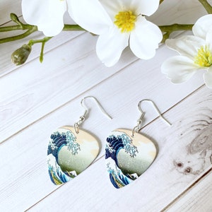 Hokusai The Great Wave off Kanagawa, Sterling Silver .925 Guitar Pick Earrings