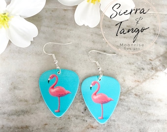 Blue and Pink Flamingo Earrings, Sterling Silver .925 Guitar Pick Earrings