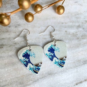 Hokusai The Great Wave off Kanagawa, Sterling Silver .925 Guitar Pick Earrings