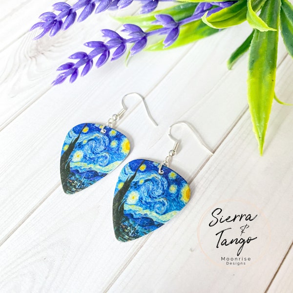 Vincent Van Gogh Starry Night, Sterling Silver .925 Guitar Pick Earrings