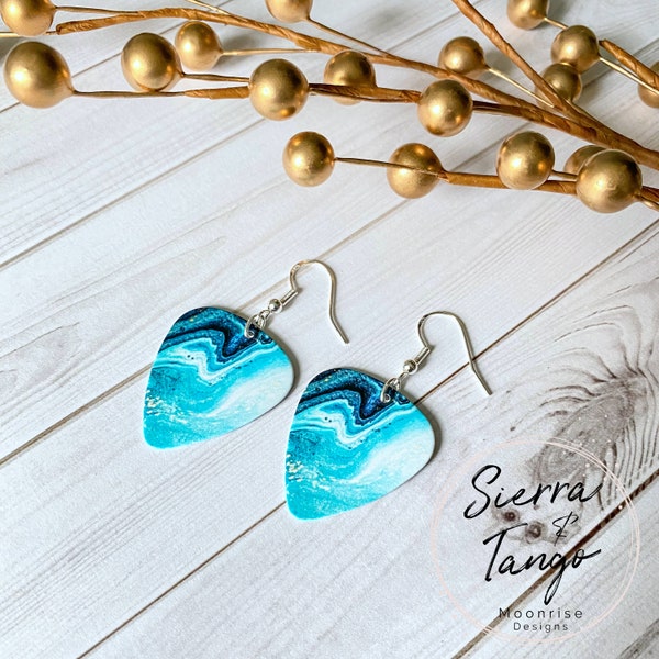 Blue Marble Ocean Earrings, Sterling Silver .925 Guitar Pick Earrings