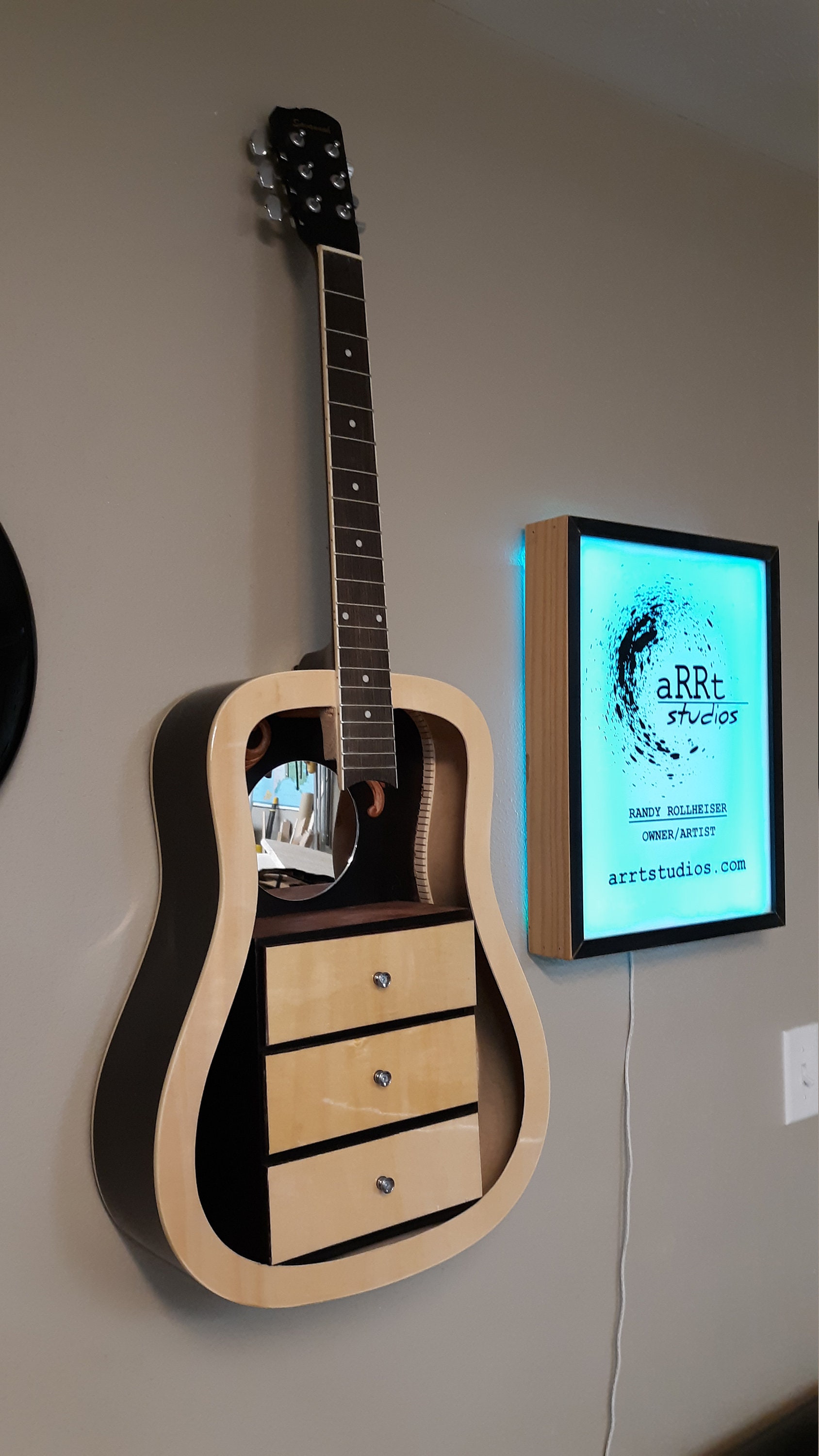 Guitar Shelf 168. Recycled Full Size Acoustic Guitar With Custom Pull