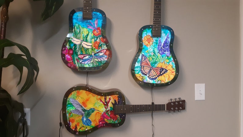 back lit with color changing LED Guitar Lamp # 137 Recycled guitar with dragonflies painted with alcohol ink on plexiglas