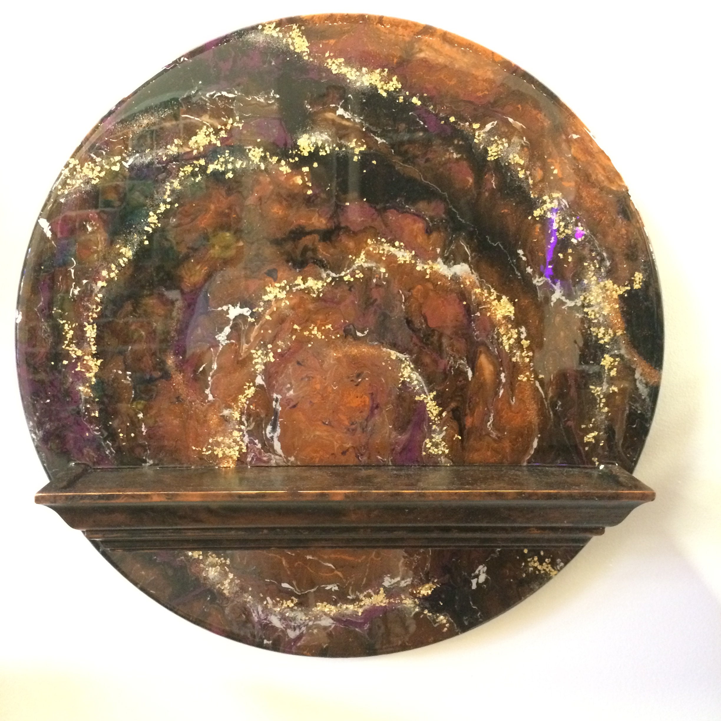 Epoxy Resin and Wood Wall Plaque With Wood Shelf. 24 Inch Diameter