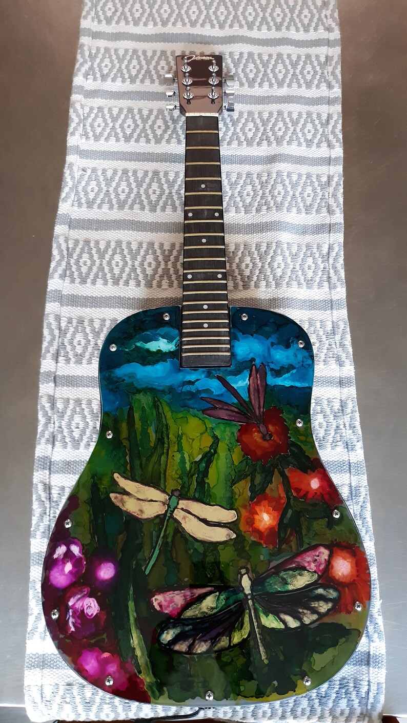 back lit with color changing LED Guitar Lamp # 137 Recycled guitar with dragonflies painted with alcohol ink on plexiglas