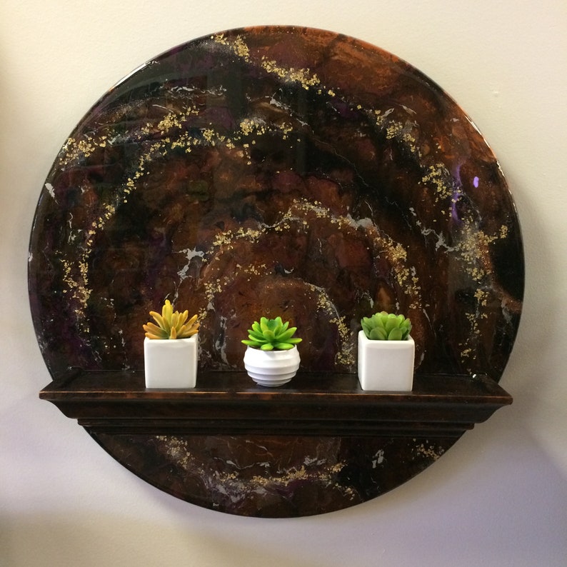Epoxy Resin and Wood Wall Plaque With Wood Shelf. 24 Inch Diameter