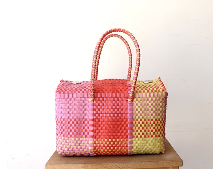 Pink Woven Mexican Basket Handwoven Mexican Bag Picnic Etsy