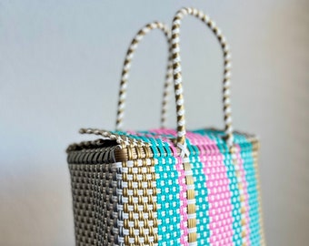 Gold, Pink, Turquoise Mexican Bag, Handwoven Mexican Handbag,Oaxaca Tote,Mexican Plastic Bag,Mexican Basket,Mexican Art, MexiMexi