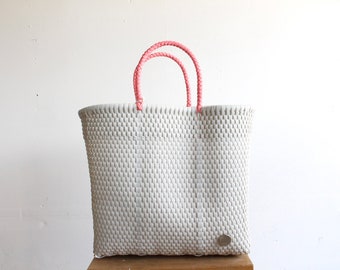 White and Coral Handwoven Tote bag, Picnic Basket, Beach Bag, Getaway Bag, Picnic Bag, Golf Bag, Travel Bag, MexiMexi Bags, Mexican Bag,