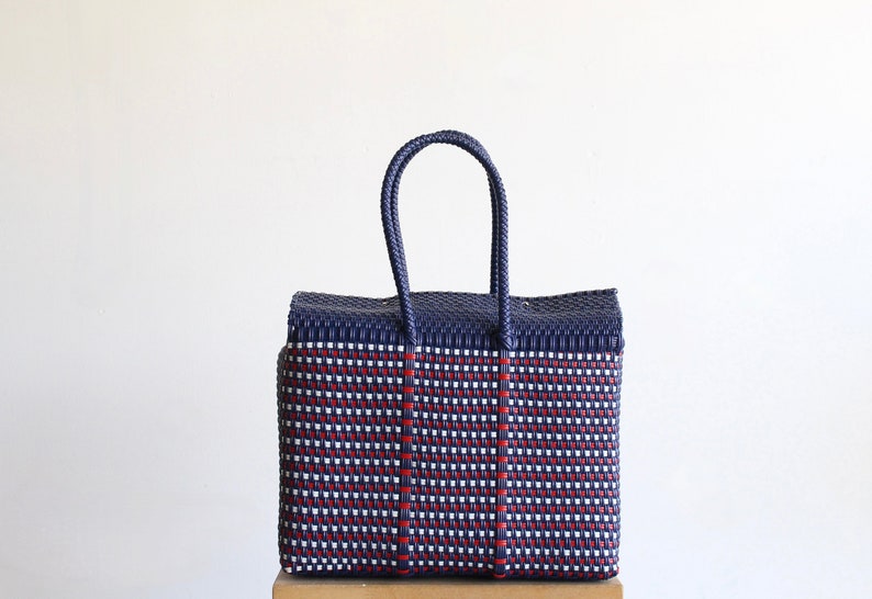 Navy Blue, White & Red Handwoven Mexican Handbag by MexiMexi