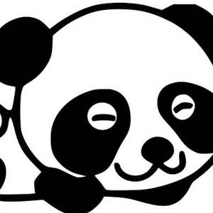 May include: Black and white cartoon illustration of a panda bear lying down with its eyes closed. The panda has a cute, smiling expression.