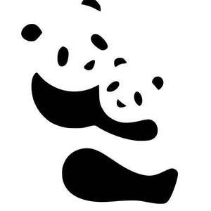 May include: Black and white silhouette of a panda bear with its arms outstretched, as if it is jumping or falling. The panda is surrounded by small, scattered black shapes, resembling leaves or seeds.
