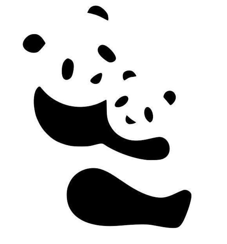 May include: Black and white silhouette of a panda bear with its arms outstretched, as if it is jumping or falling. The panda is surrounded by small, scattered black shapes, resembling leaves or seeds.