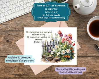 Psalms 31:24 NWT Card, Flowers and Birds, JW Greetings, Printable & Foldable, Thoughtful Note Card for Any Occasion, Encourage a Friend
