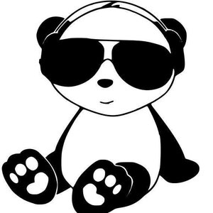 May include: A black and white cartoon panda wearing sunglasses. The panda is sitting with its legs crossed and has a cute expression on its face.