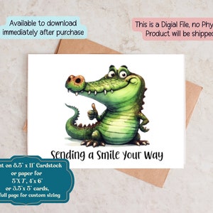 Cartão de saudação de crocodilo, enviando um sorriso para você, pensando em você, só porque cartão, imprimível e dobrável, encorajando qualquer ocasião