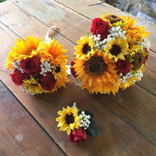 Sunflower and Red Rose Bouquet Etsy