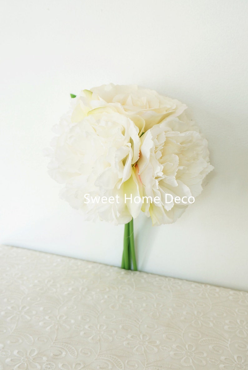 JennysFlowerShop 12/'/'T Silk Blooming Peony Rose Artificial Flower Wedding Bouquet Home Decor Flower Bunch no Pot Included White