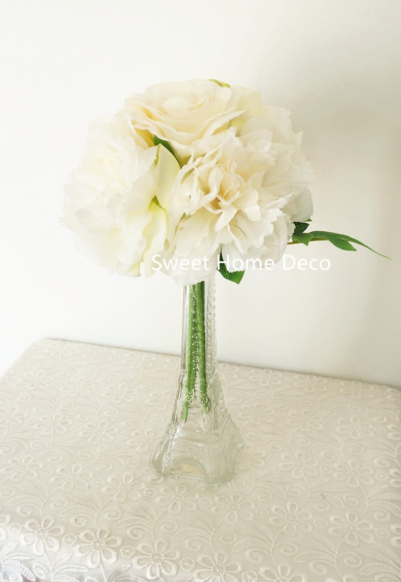 JennysFlowerShop 12/'/'T Silk Blooming Peony Rose Artificial Flower Wedding Bouquet Home Decor Flower Bunch no Pot Included White