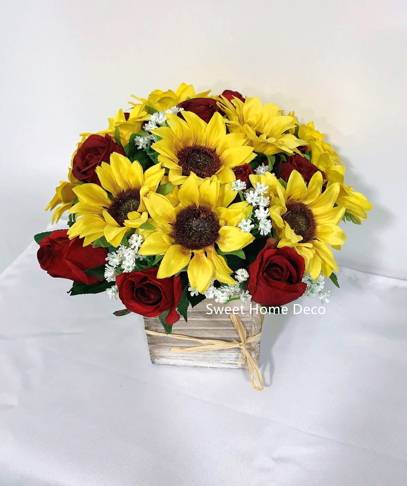 Jennysflowershop 10'' Silk Rose Sunflower Arrangement W/ Wood Vase