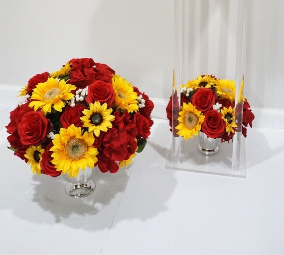 Jennysflowershop Silk Rose Sunflower Floral Arrangement, Silver Vase,  Wedding/home/party/event Centerpiece, Table Flower, Red/yellow -  Sweden
