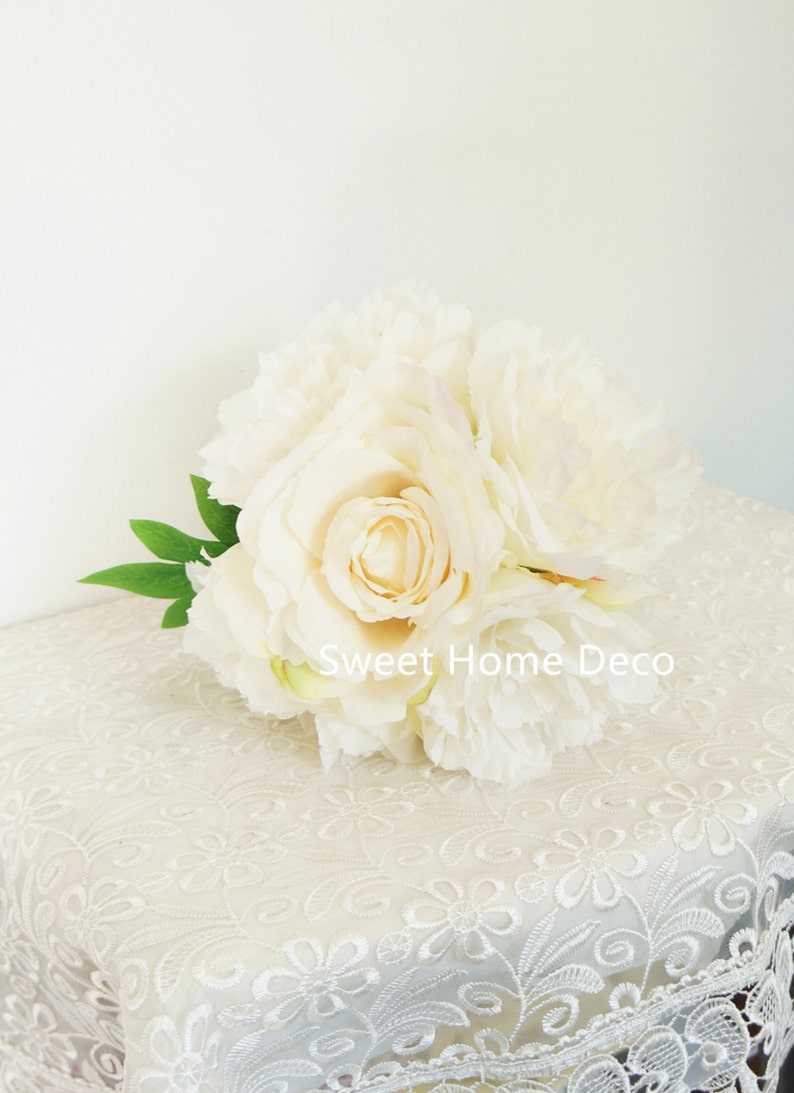 JennysFlowerShop 12/'/'T Silk Blooming Peony Rose Artificial Flower Wedding Bouquet Home Decor Flower Bunch no Pot Included White