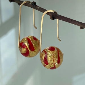 Murano Glass Ball Earrings: Gold Foil & Red Venetian Design