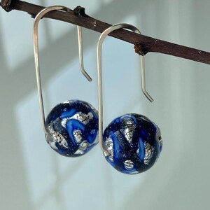 Murano Earrings Silver Glass Ball with Black and Blue. Sterling Silver Handmade Ear Wires. Venetian Glass Earrings Contemporary Design