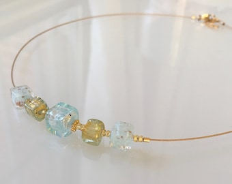 Murano Glass Aquamarine Light Blue Cube Necklace with 14kt Gold Filled Findings. Delicate Italian Glass Necklace 16 inch 18 inch 20 inch