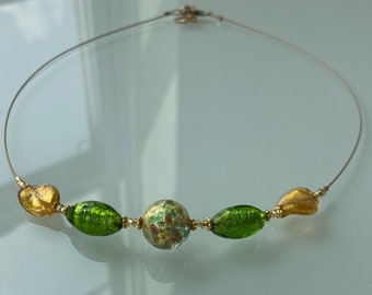 Venetian Murano Gold Green Necklace. Italian Glass Bead Jewelry