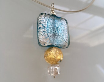 Murano Glass Jewelry. Murano Glass Pendant Necklace Square Aqua Silver and Gold. Geometric Modern Necklace