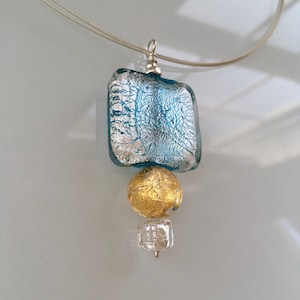 Aqua Murano Glass Pendant Necklace: Sterling Silver & Gold Foil