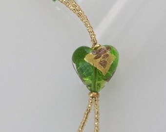 Murano Glass Beaded Necklace Green Heart in Gold. Long Handmade Necklace with Venetian Glass