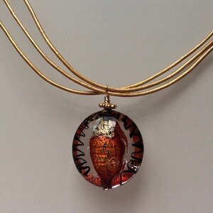 Murano Glass Pendant Necklace: Red Orange Gold Foil, Leather Cord Choker
