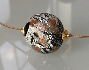 Murano Glass Pendant Black and Silver with 14kt Gold Filled. Modern Italian Glass Jewelry. Venetian Glass Necklace Choker