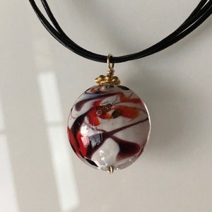 Venetian Murano Glass Necklace with Black Leather Cords. Simple Boho Necklace