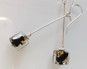 Italian Murano Glass Black Cubes Silver Earrings, Bar Style Earrings with Venetian Glass Beads.