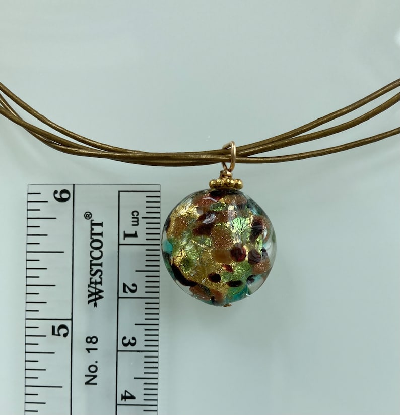 Murano Glass Multicolor Green Pendant Necklace With Leather Cord. Modern Italian Glass Jewelry