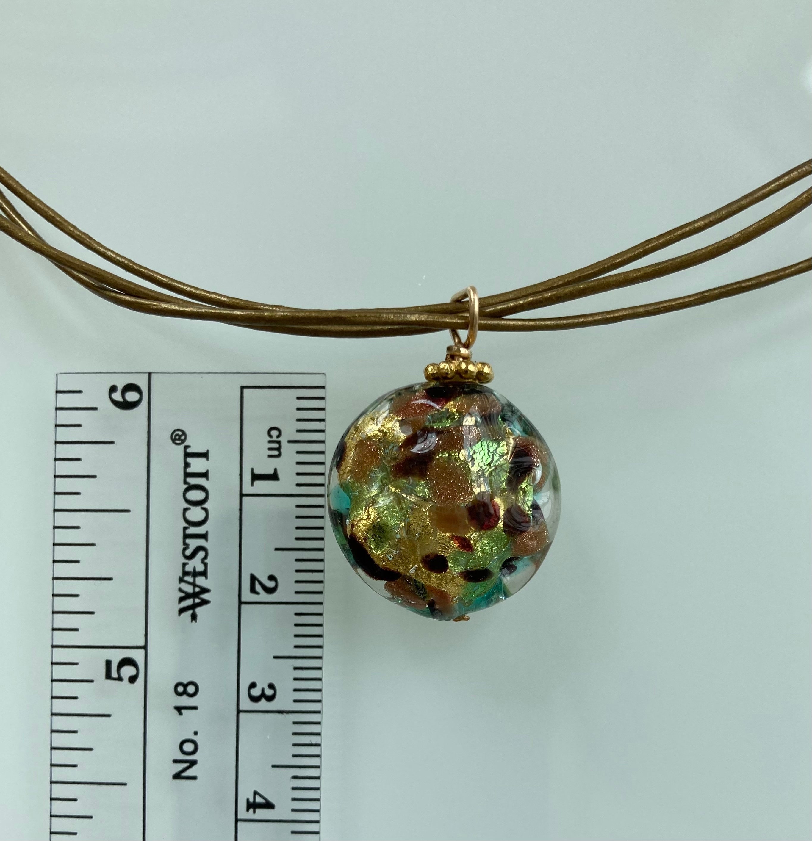 Murano Glass Multicolor Green Pendant Necklace With Leather Cord