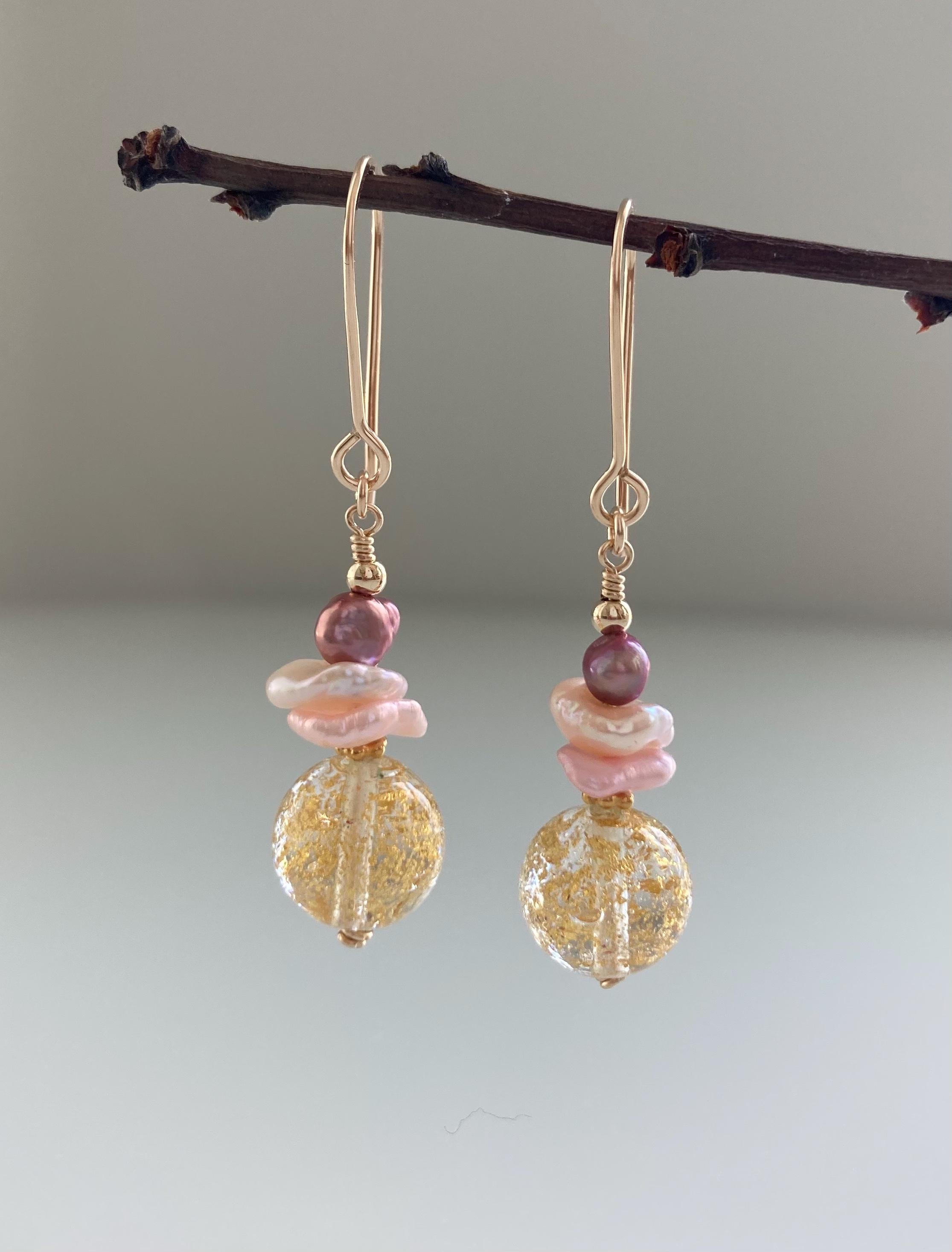 Boucles D'oreilles Longues Perles Verre Murano Avec Paillettes D'or - Neuf Sans Emballage