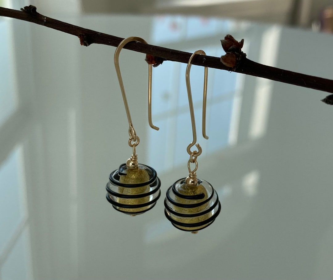 Murano Glass Ball Earrings With Black Spirals and 14kt Gold Filled Handmade Ear Wires.