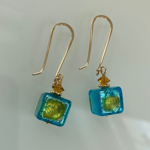 Murano Aqua Peridot Earrings with 14Kt gold filled Handmade Ear Wires. Venetian Glass Earrings. Boucles d'oreilles perles Murano